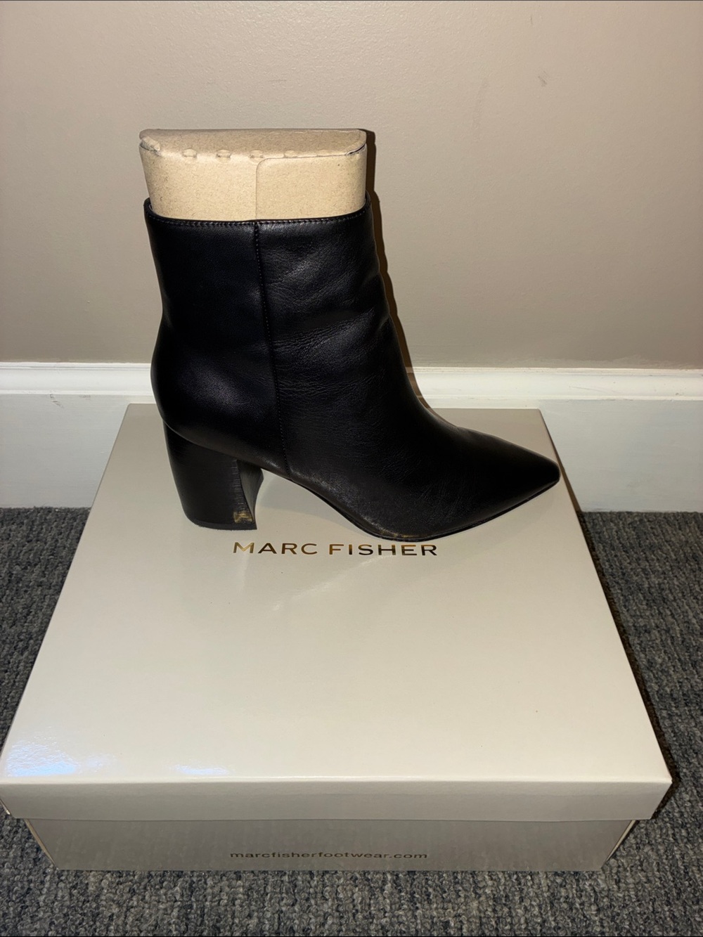 Marc Fisher Black Leather Pointed-Toe Block Heel Ankle Boots
